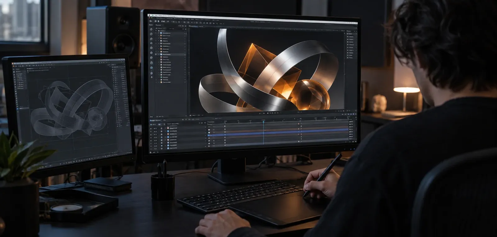 Motion designer animating silver ribbons and amber geometric forms with a pen tablet and keyframe timeline