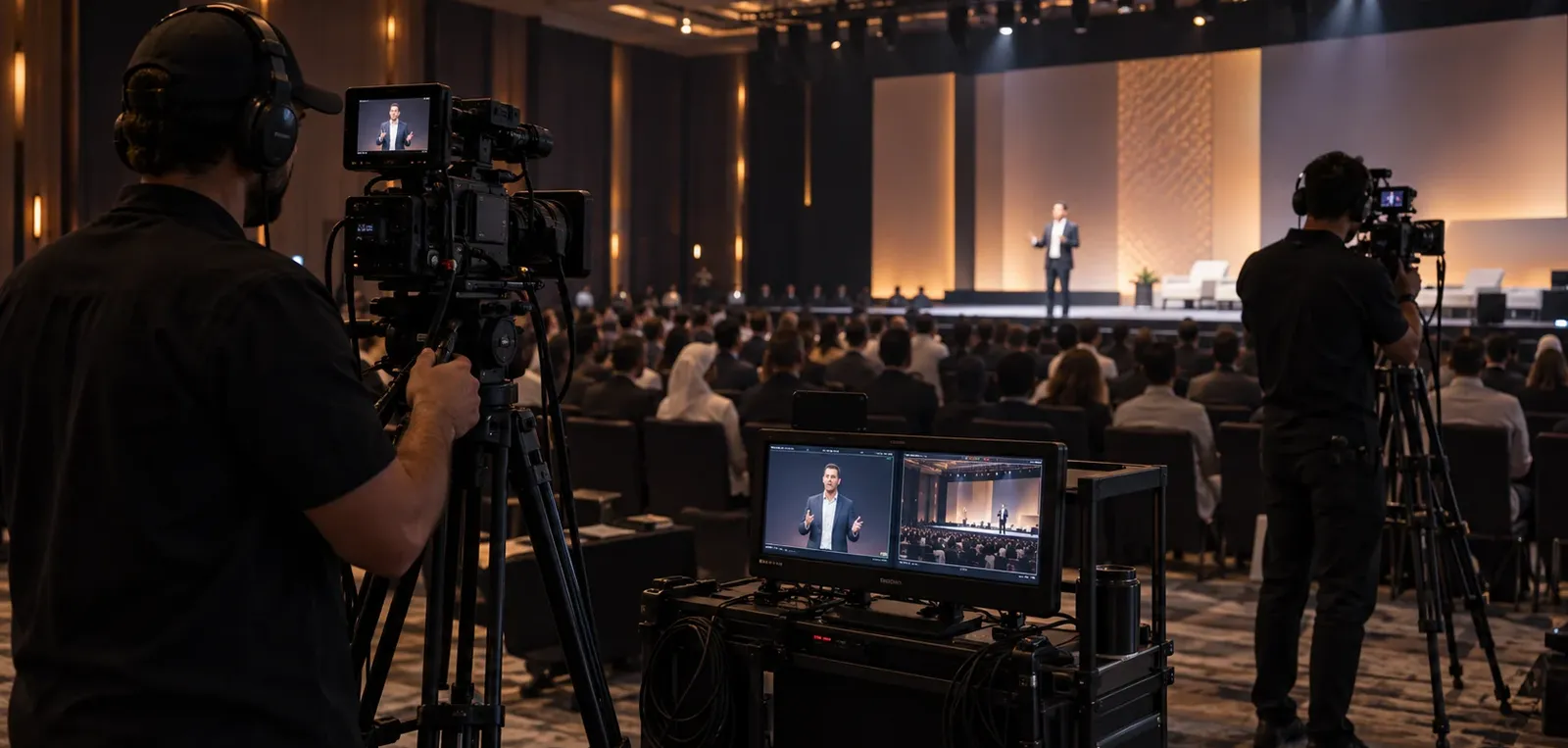 Two camera operators filming a conference speaker from separate positions beside a monitor showing wide and close views