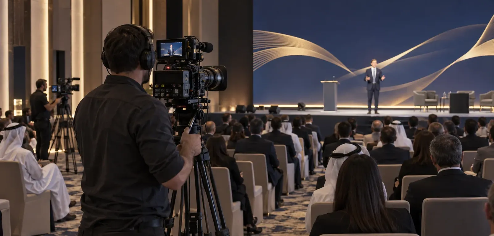 Two camera operators filming a keynote speaker from separate positions in a conference auditorium