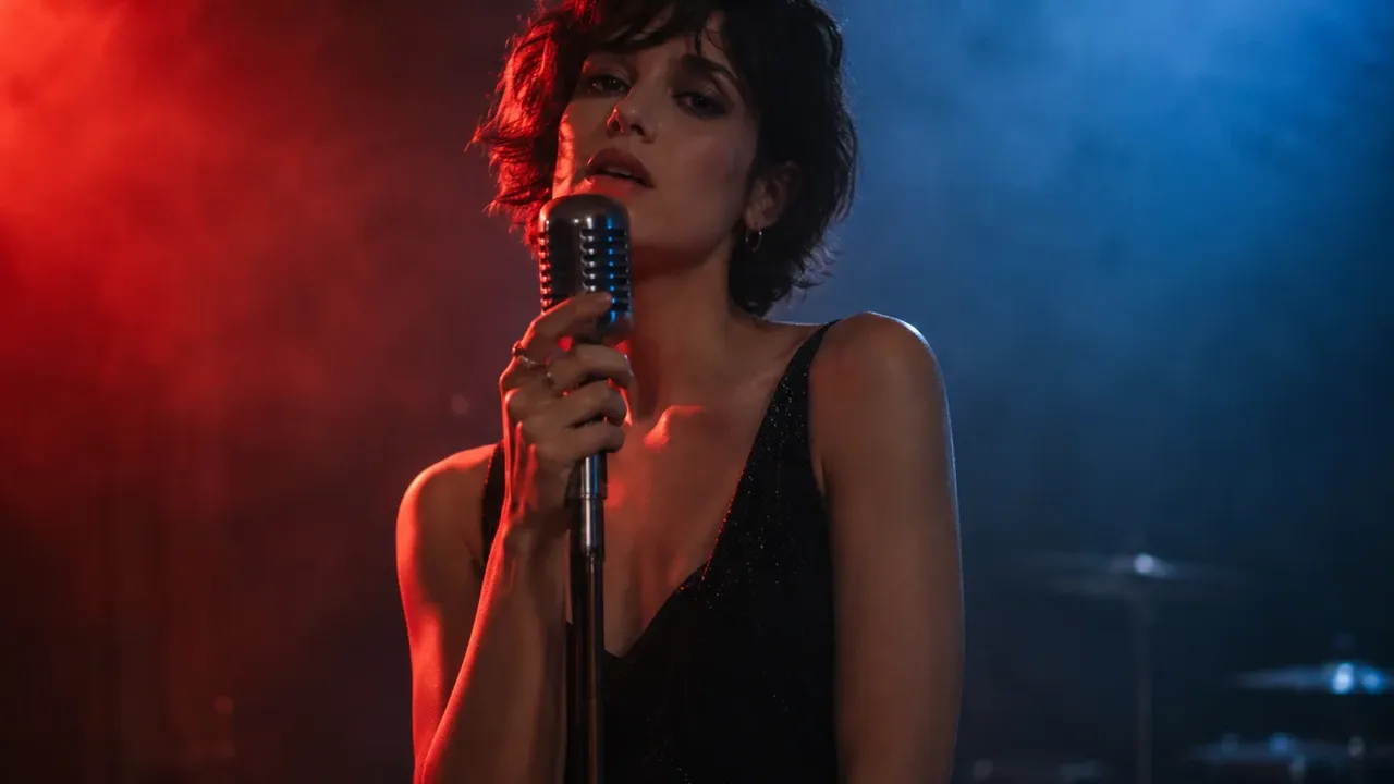 Singer at a microphone in a hazy studio lit with red and blue light