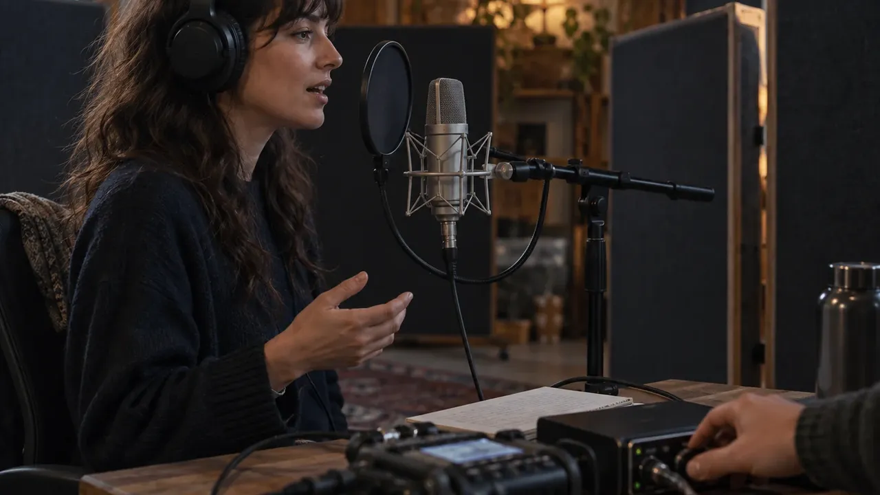 Illustrative dialogue recording session with a voice artist at a microphone and pop filter