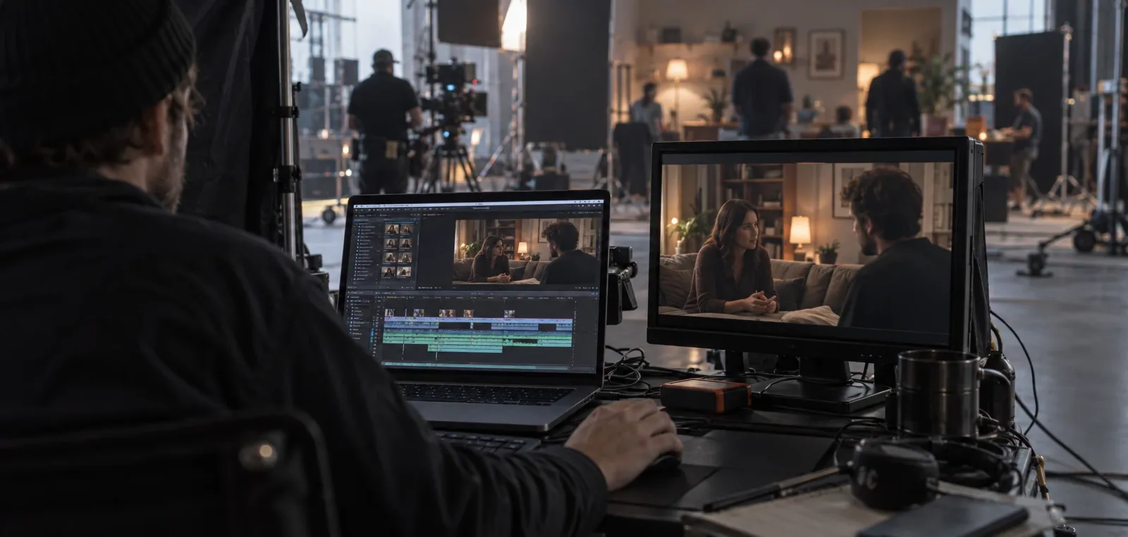 On-set editor assembling footage on a portable editing workstation beside an active film shoot