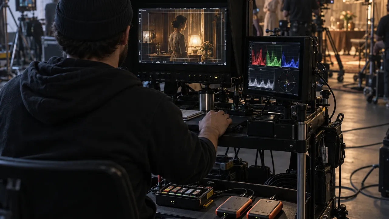 Digital imaging technician monitoring camera footage and managing backup drives on a working film set