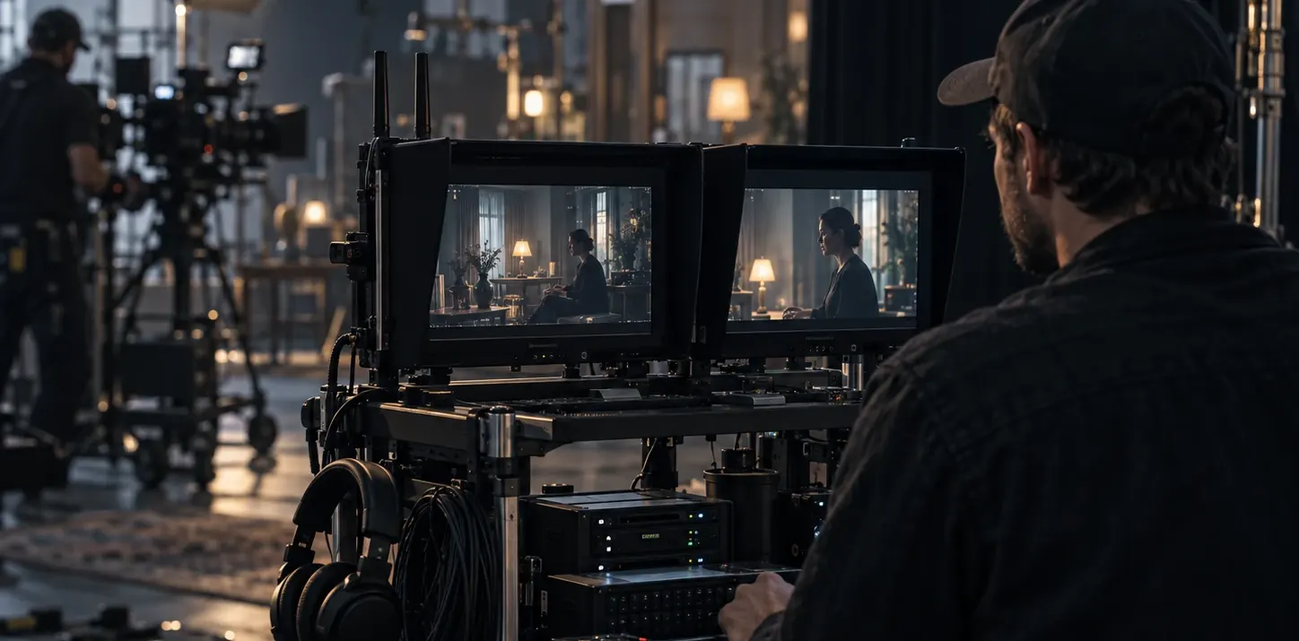 Digital imaging technician monitoring a film shoot from an on-set equipment cart