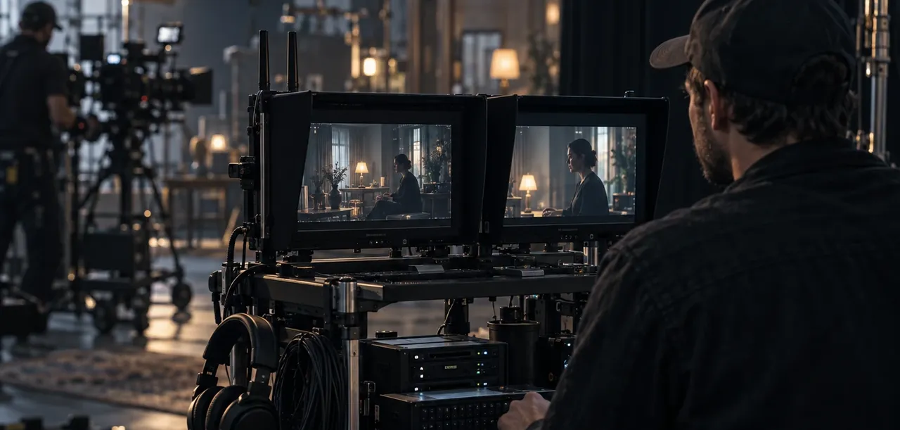 Digital imaging technician monitoring a film shoot from an on-set equipment cart