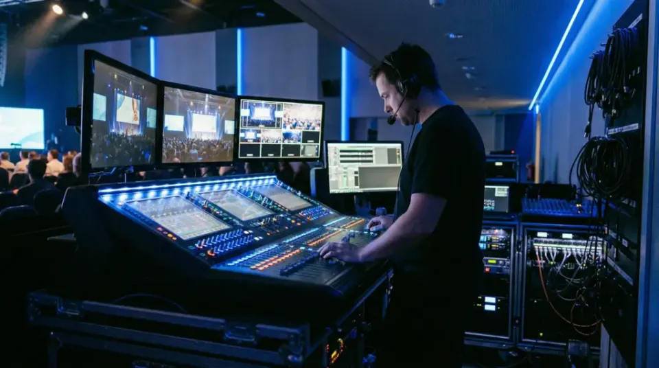 Event technician operating an audio-visual console beside stage monitors