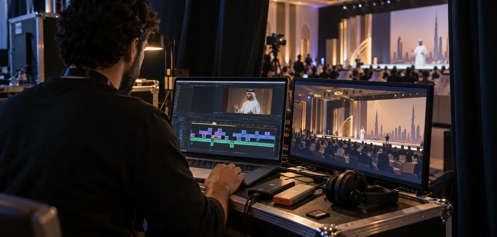 On-site editor reviewing a video timeline and conference footage at a workstation beside the ballroom