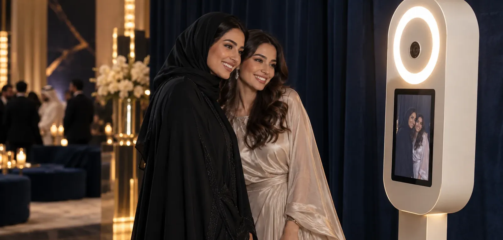 Two guests posing at a freestanding photo booth with a live portrait preview and softly lit navy backdrop