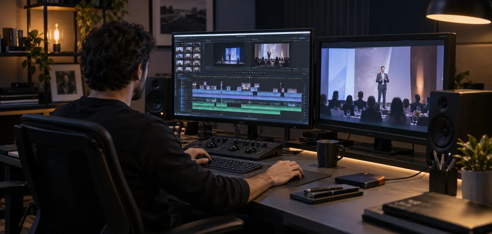 Video editor finishing an event film with an editing timeline and a reference monitor showing a conference speaker