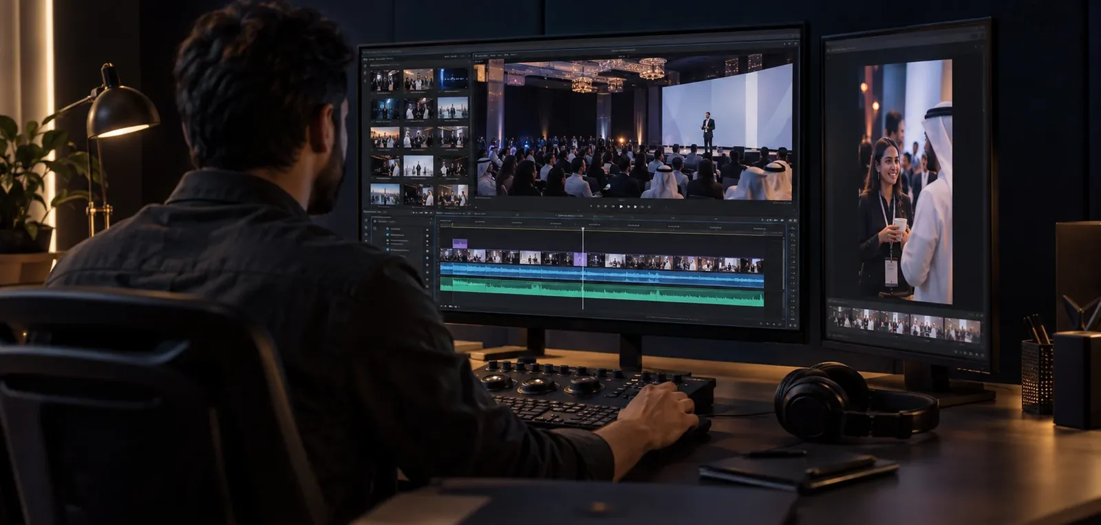 Editor assembling a conference recap with landscape and vertical versions on two monitors