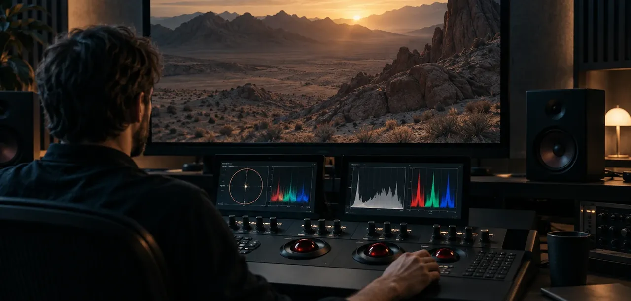 Colorist at a grading console with a cinematic image on the reference display