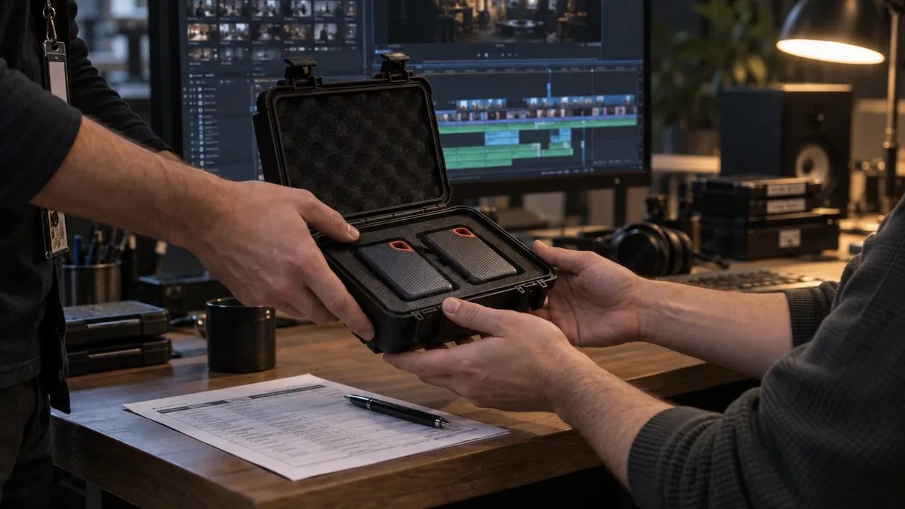 DIT handing a protective case of media drives to an editor beside a post-production workstation