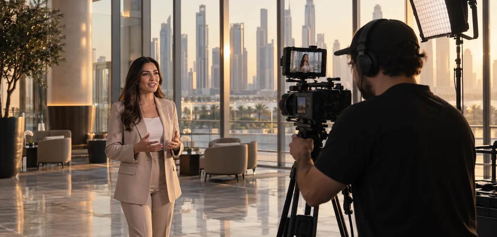 Camera operator filming a presenter for an event promotional video in a sunlit venue lobby