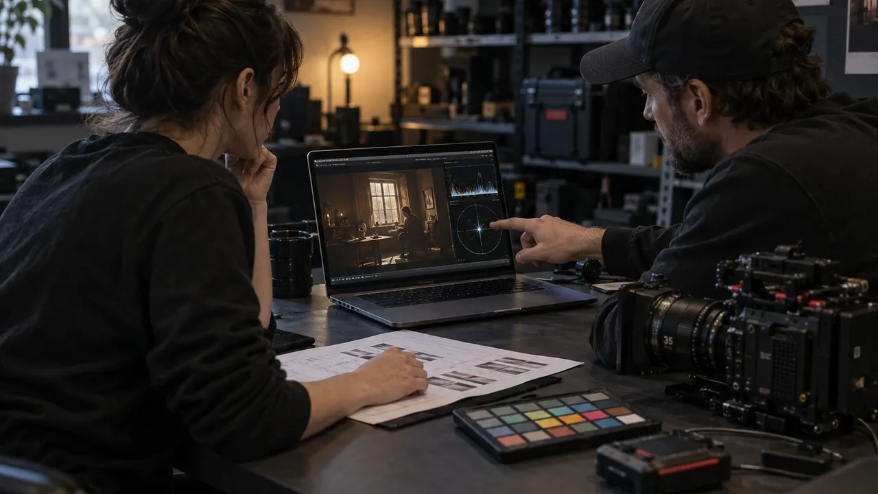 DIT and cinematographer reviewing camera tests and a workflow plan before production