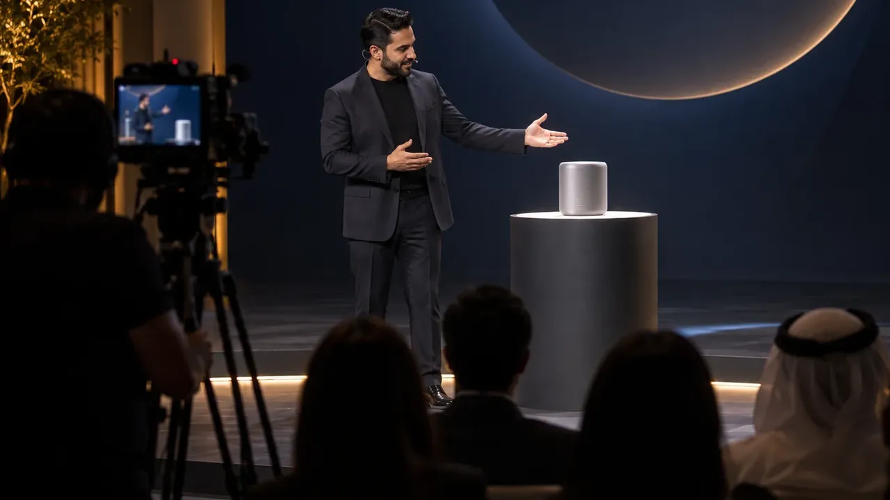Presenter unveiling a silver speaker on a lit plinth as a live broadcast camera records the launch