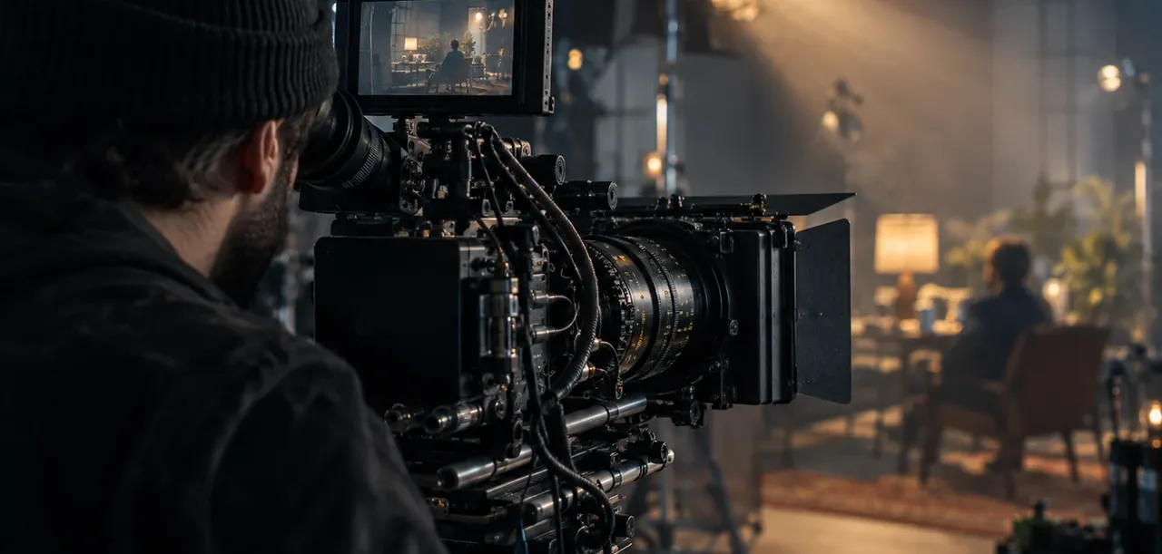 Cinema camera and operator on a warmly lit film set