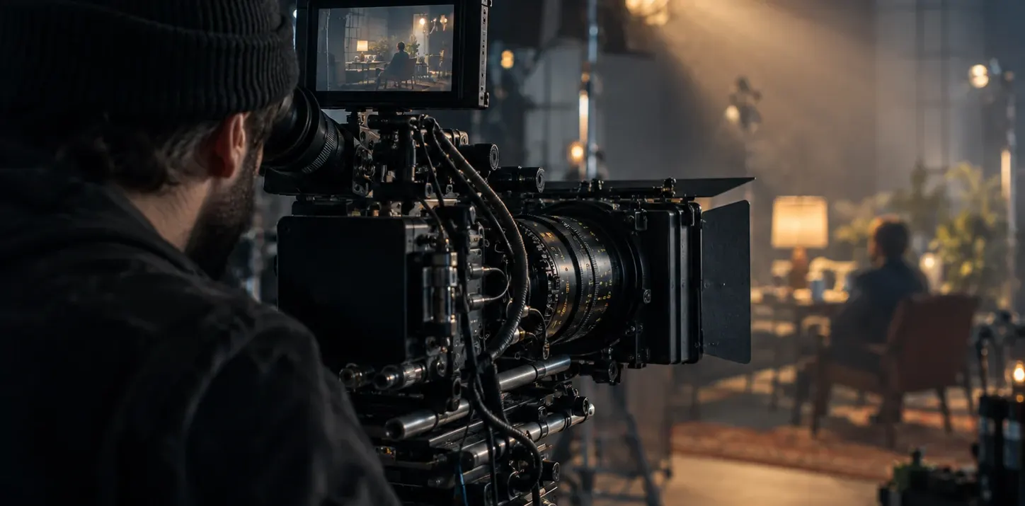 Cinema camera and operator on a warmly lit film set
