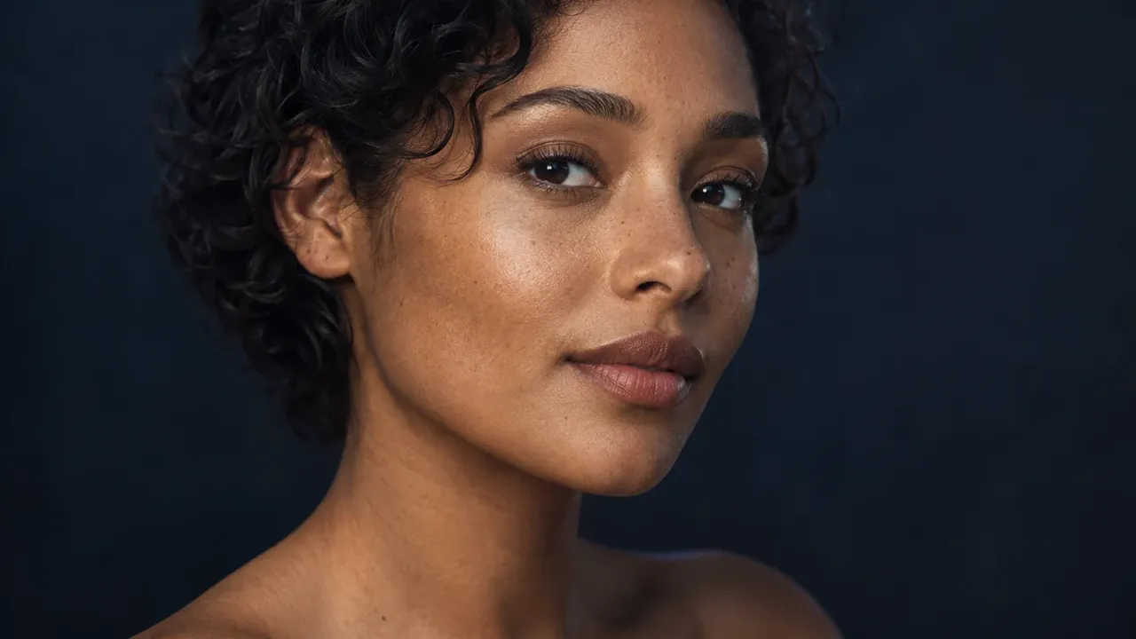 Illustrative beauty portrait with natural skin texture and soft warm light against a navy background