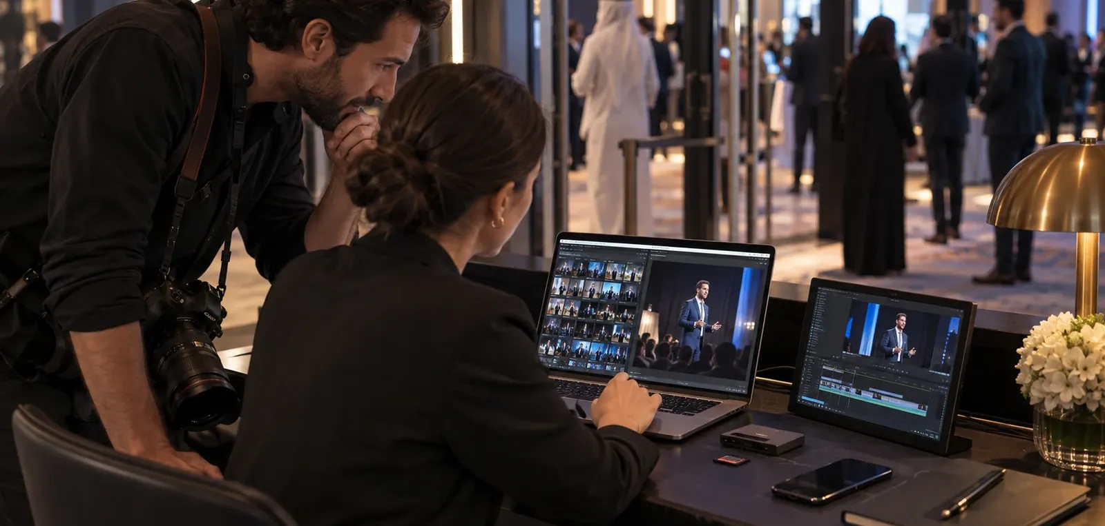 Photographer and editor reviewing event photos and a highlight edit at an on-site workstation