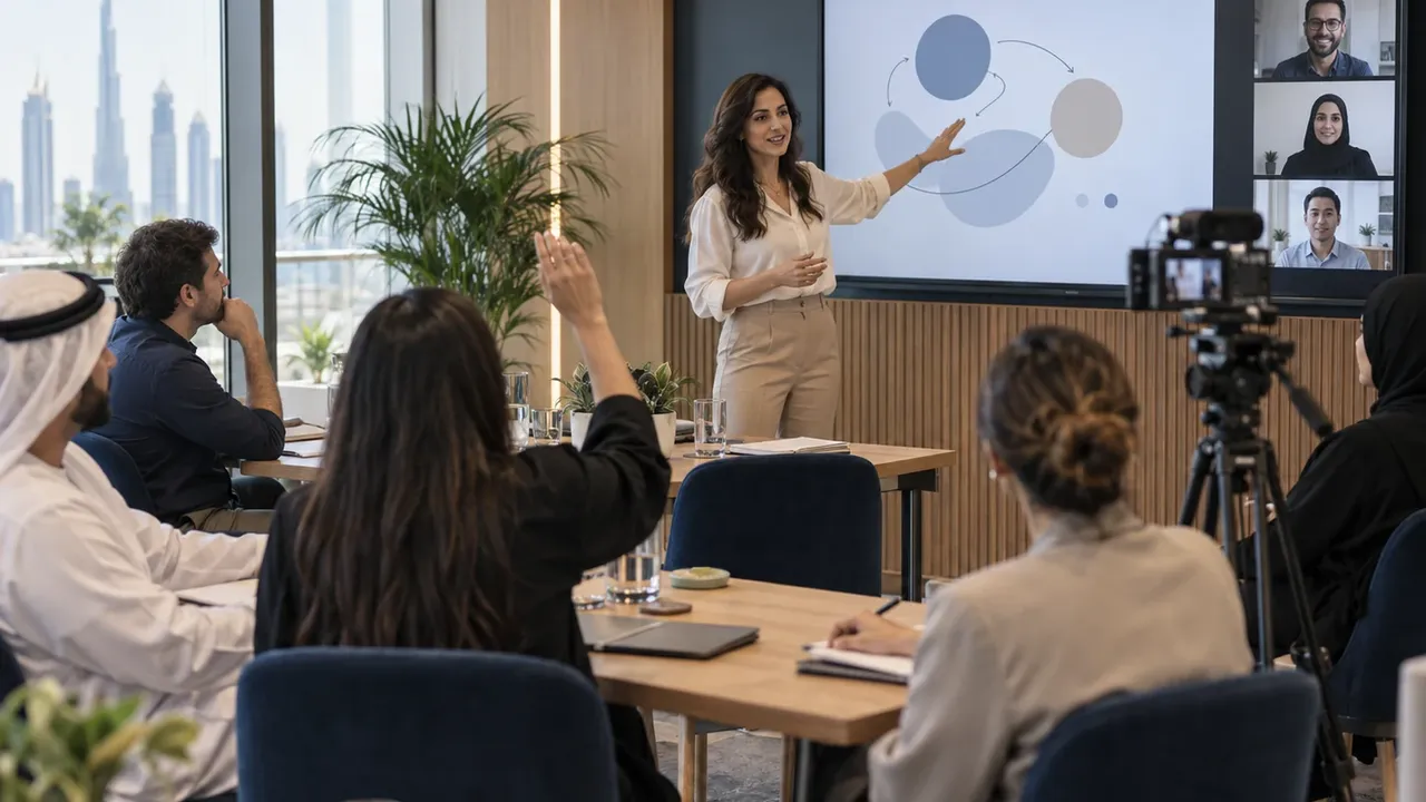 Illustrative scene of a facilitator demonstrating a task to workshop participants while a camera records