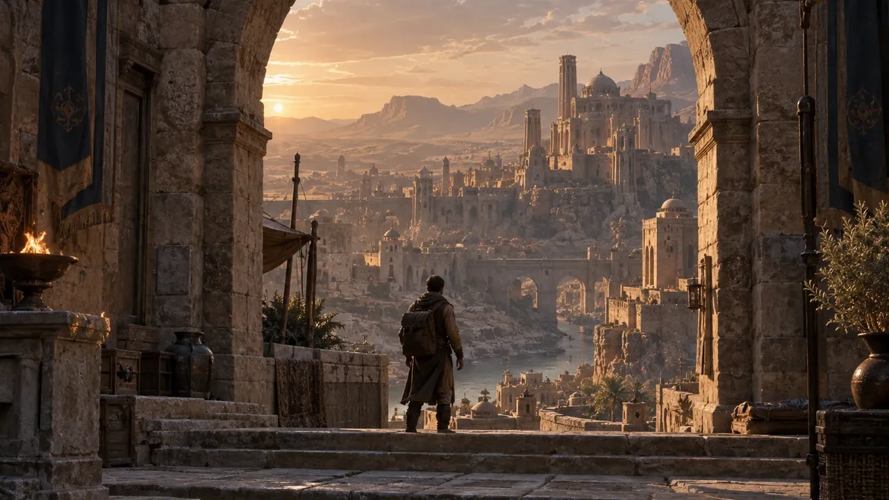 Illustrative digital desert city seen through a sandstone arch with a traveler in the foreground