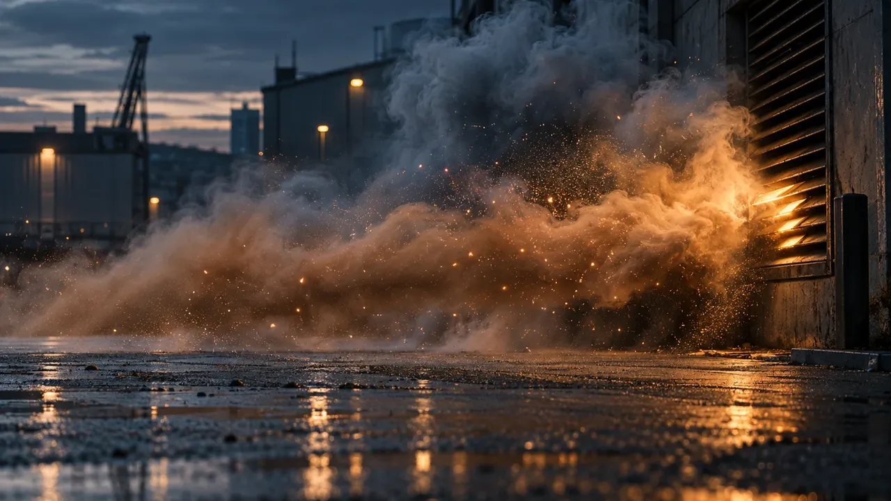 Illustrative VFX simulation of smoke and glowing particles drifting across a wet industrial street