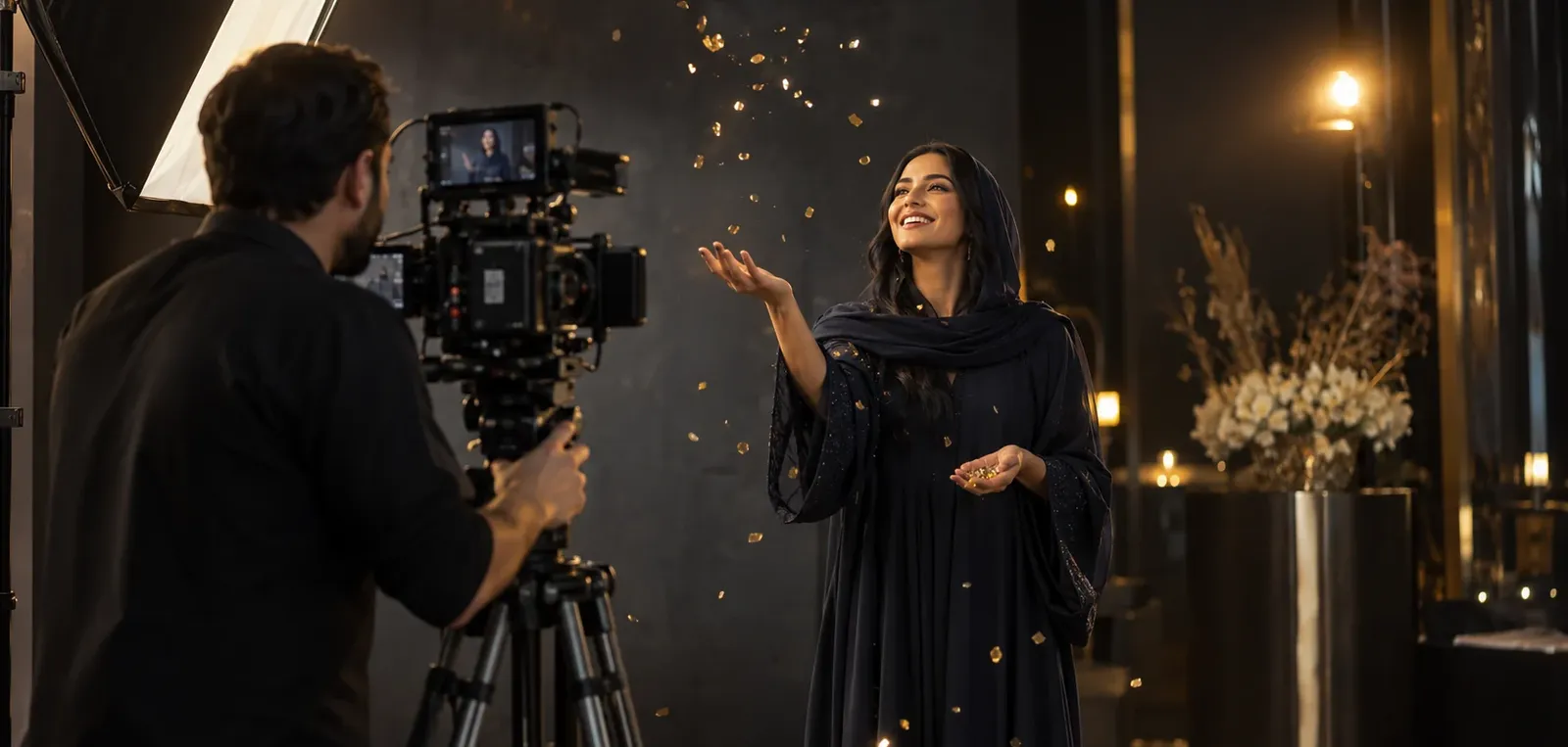 Guest tossing metallic confetti in a lit capture area while a camera operator films a slow-motion clip