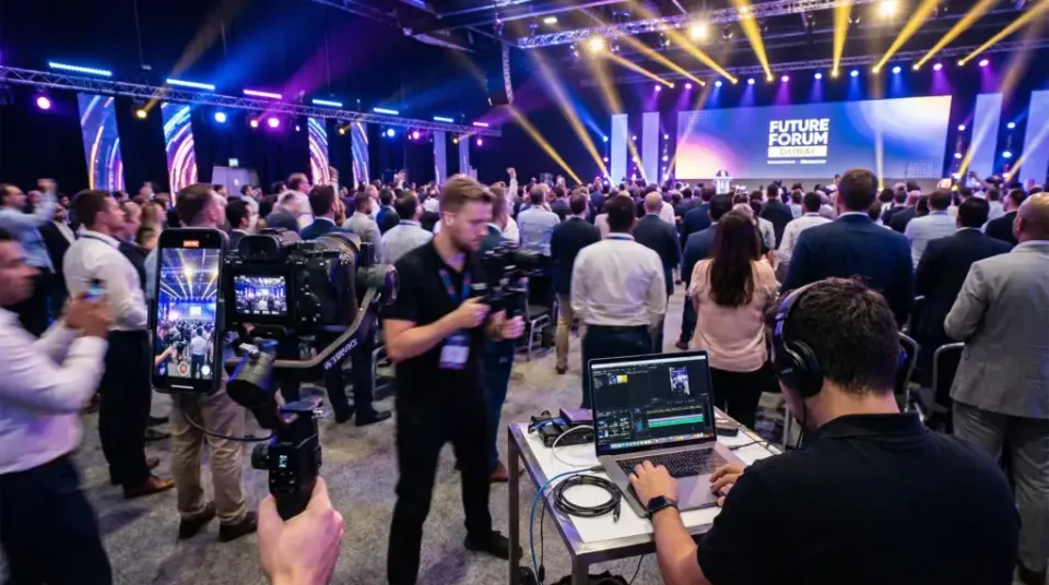 Camera and phone filming an event while an editor prepares social clips on a laptop