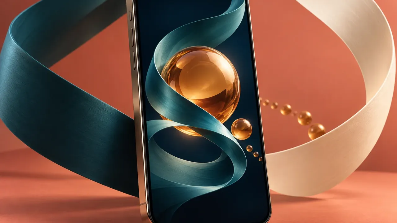 Smartphone displaying a vertical animation with an amber sphere and flowing teal ribbon