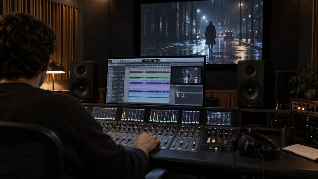 Illustrative audio mixing session with a sound designer balancing tracks against a film scene