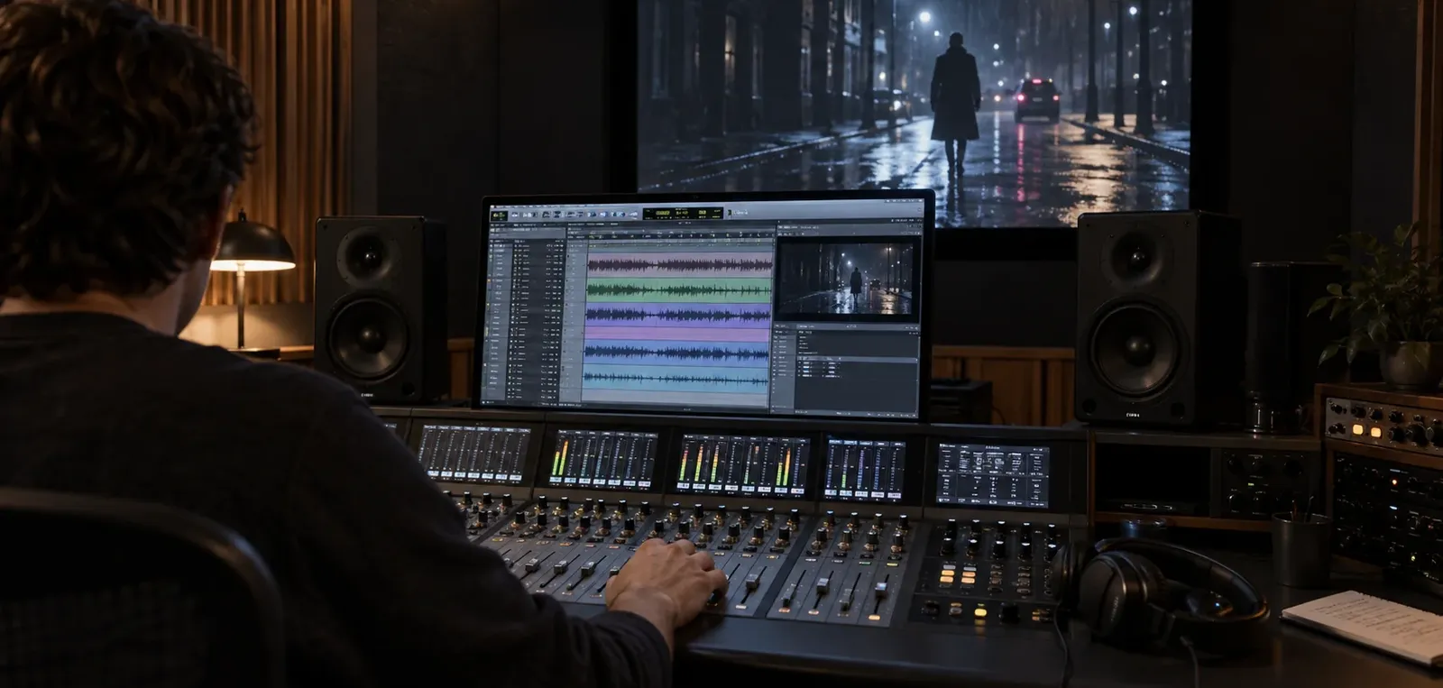 Sound designer mixing a rainy street scene with an audio console, multitrack waveforms and studio speakers