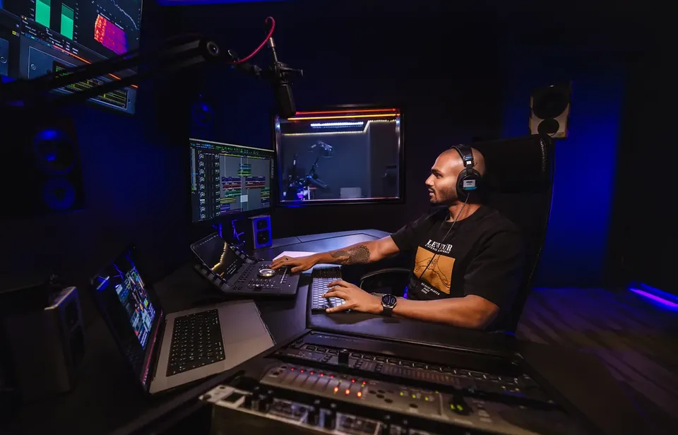 A Mile Studios sound engineer at the studio mixing console