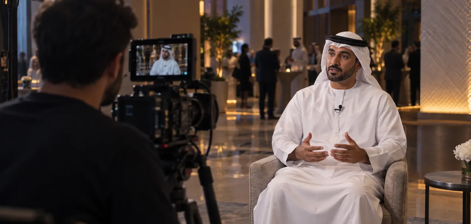 Camera operator filming a seated Emirati speaker wearing a lavalier microphone at a conference venue