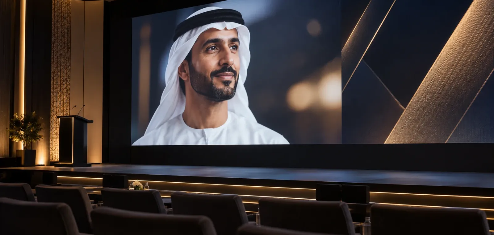 Conference screen displaying an Emirati speaker portrait beside gold graphics during a stage rehearsal