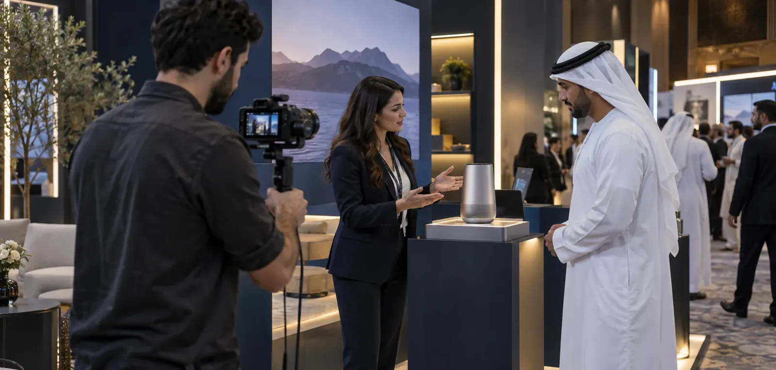 Videographer capturing a product representative speaking with an Emirati visitor at an exhibition stand