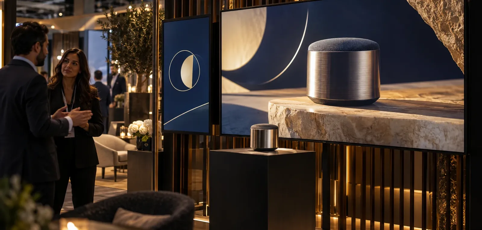 Sponsor lounge displays showing a product showcase film beside a matching product on a demonstration plinth