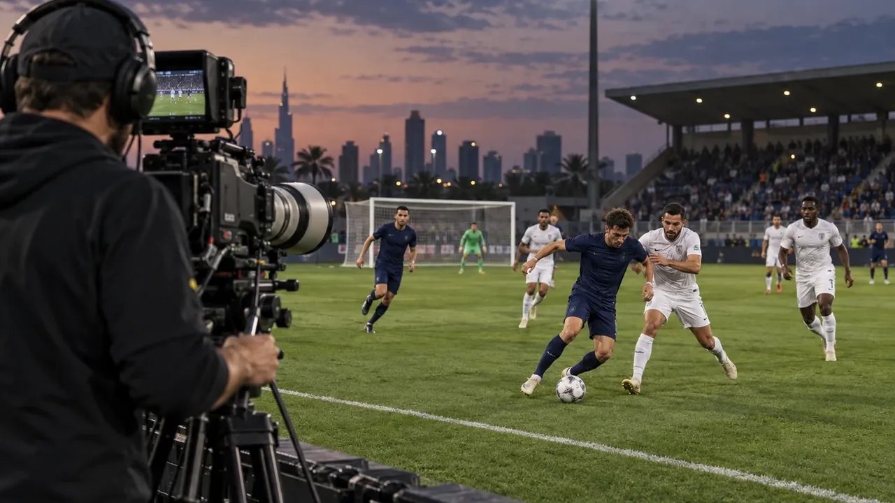 Sideline camera operator covering football players competing for the ball under stadium floodlights