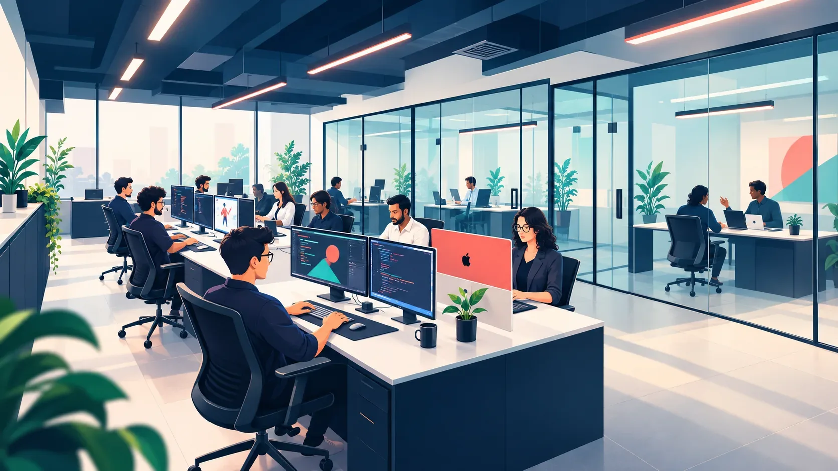 Illustration of a creative team at work in an open-plan studio with glass meeting rooms