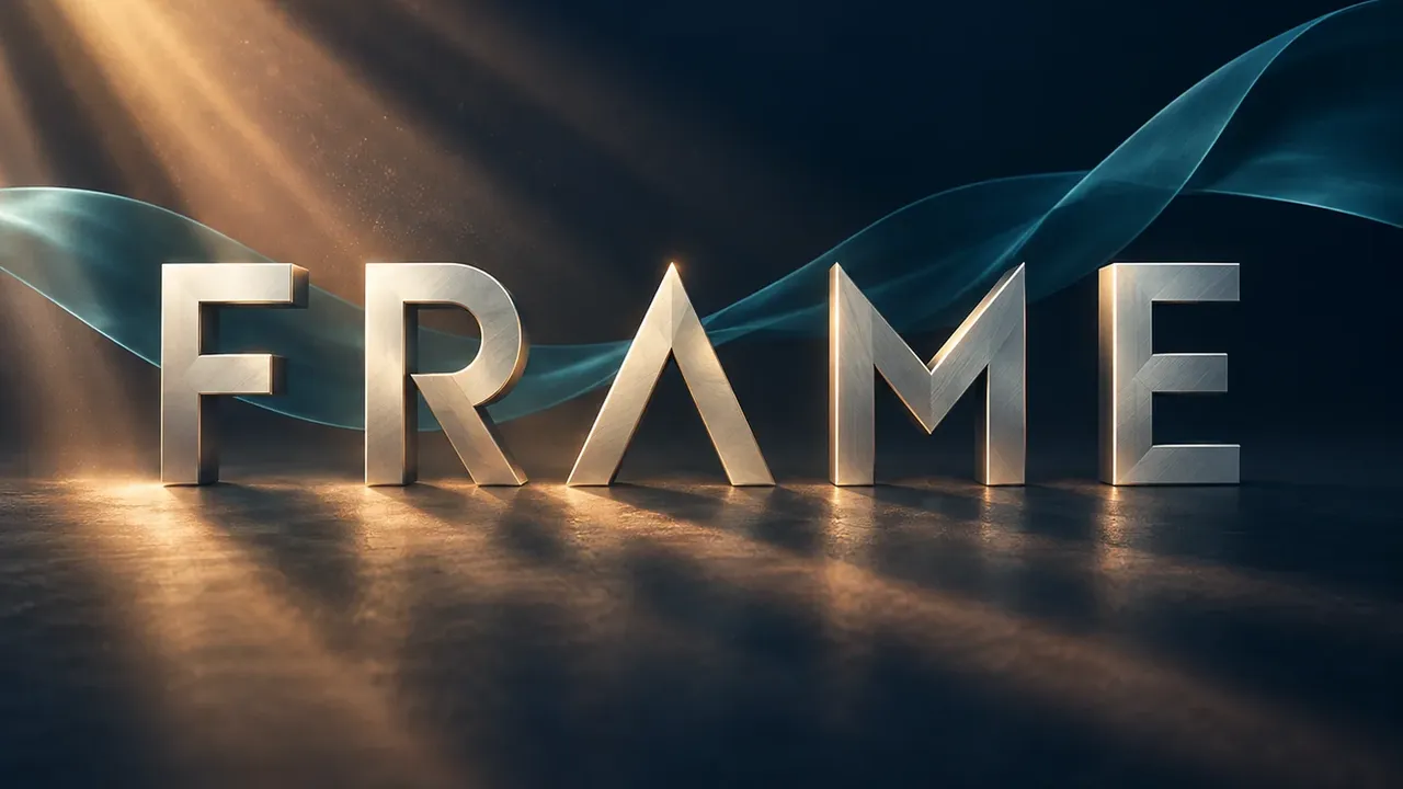 Dimensional silver FRAME lettering lit by amber beams against a navy background