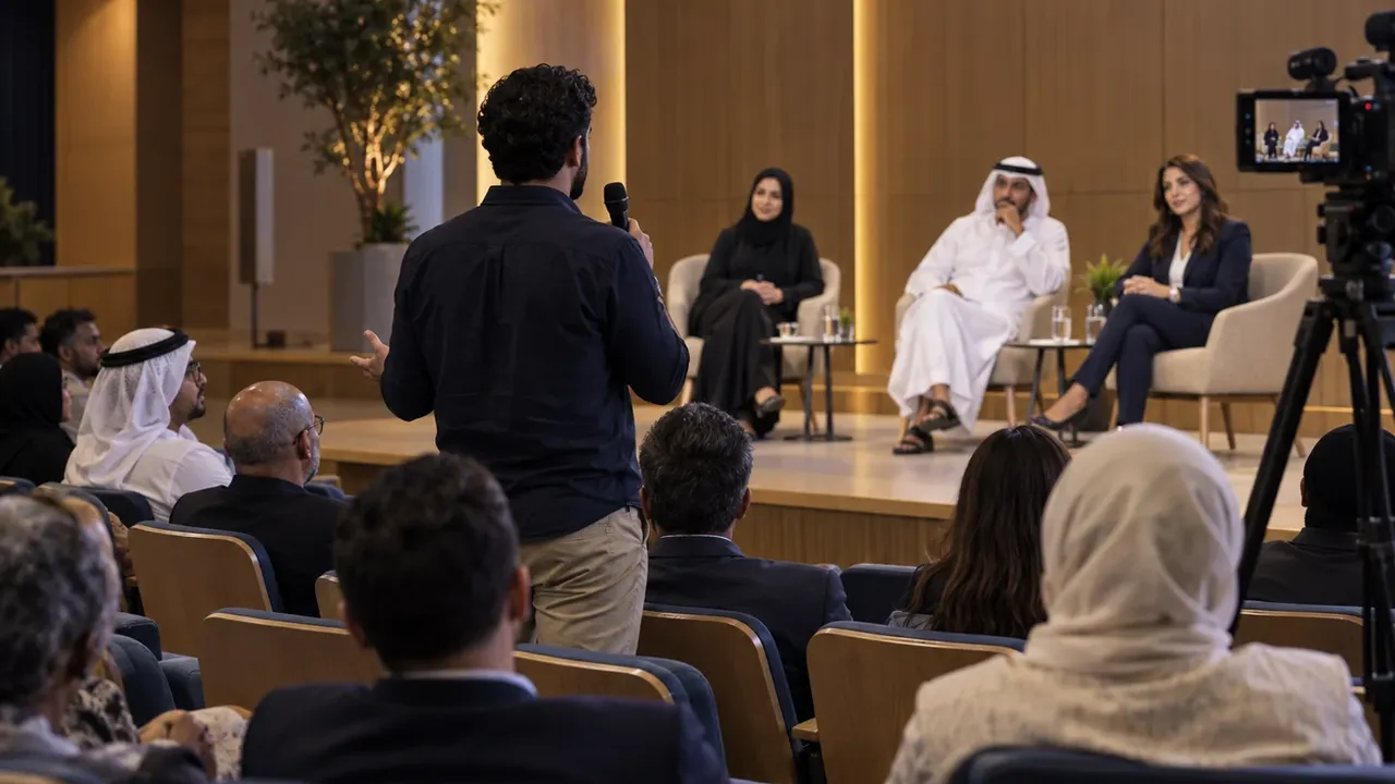 Audience member asking a panel a question during a televised community town hall