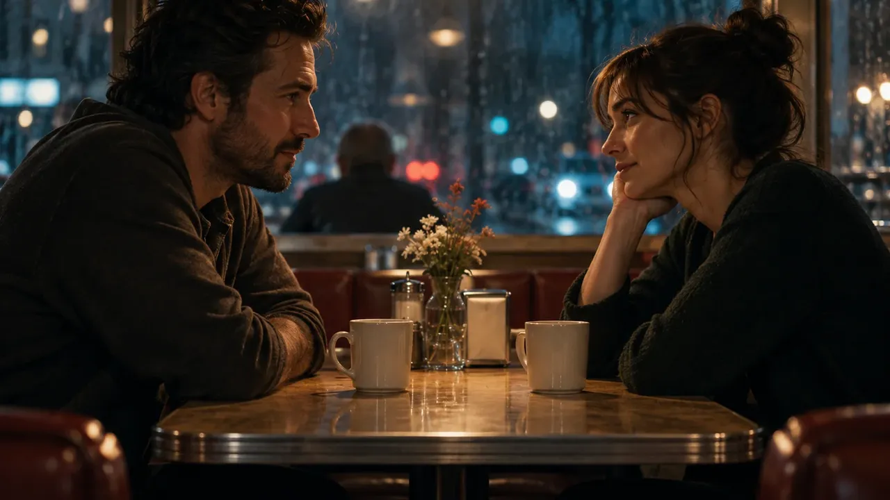 Two characters across a table in a moody diner with warm lamps and cool window light