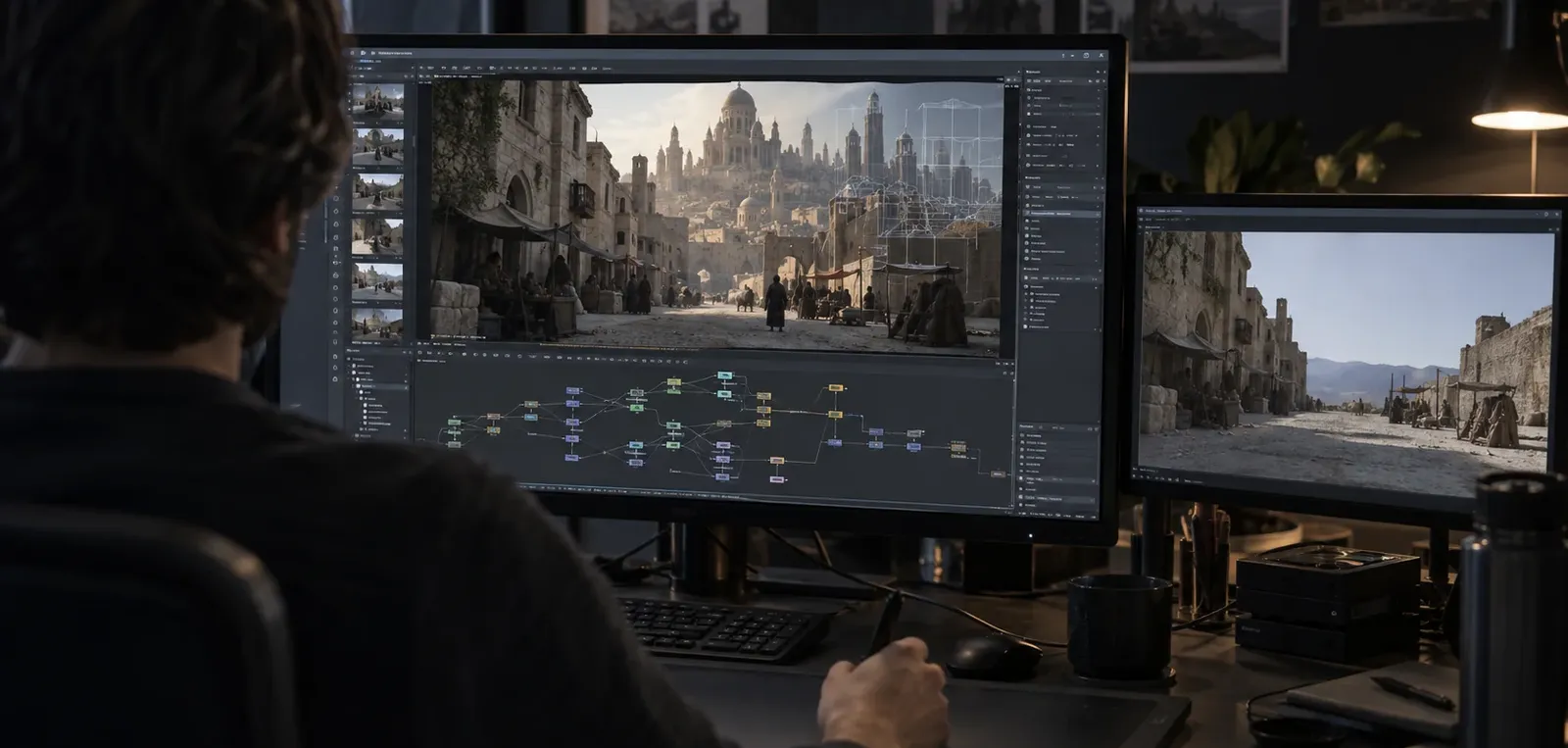 VFX artist compositing a digital city extension with the original street footage on an adjacent monitor