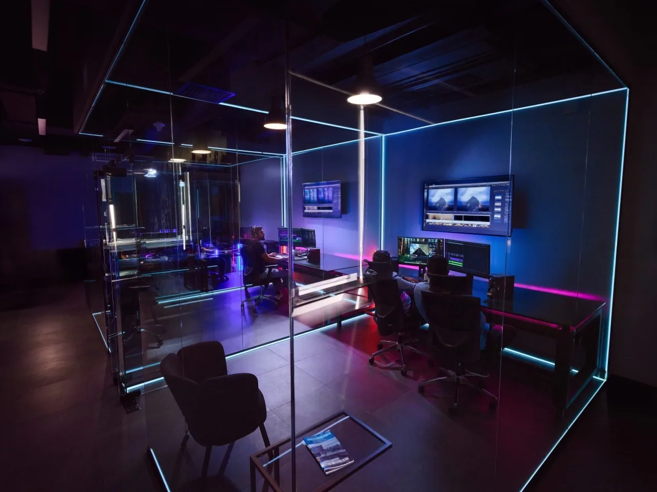 Client seating and an editing workstation inside Mile Studios in Dubai Studio City