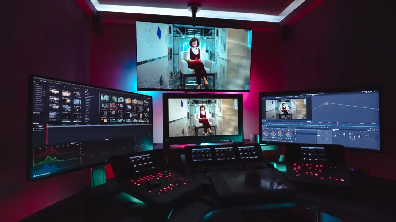 Colour grading console and reference displays at Mile Studios