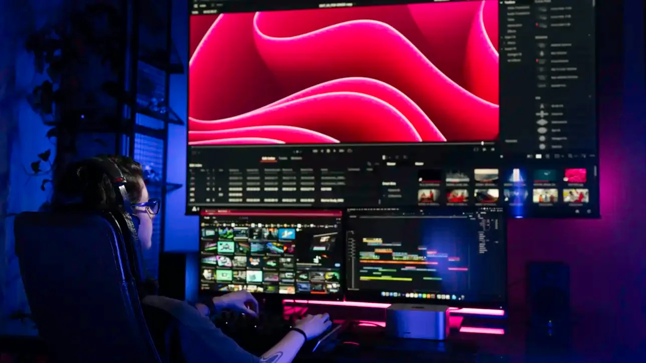 Editor working at a multi-screen workstation in a Mile Studios edit suite