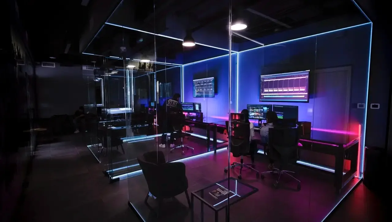 Workstation and seating inside the Mile Studios post-production facility